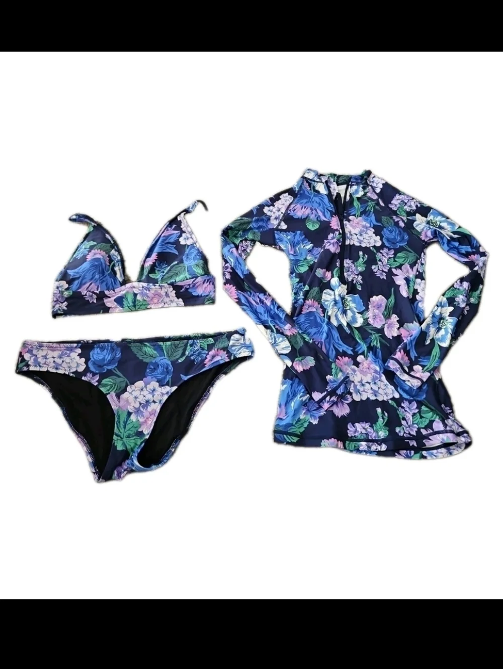 J. Crew Womens Blue 3 Piece Floral Two Piece Bikini With Rash Gaurd XS